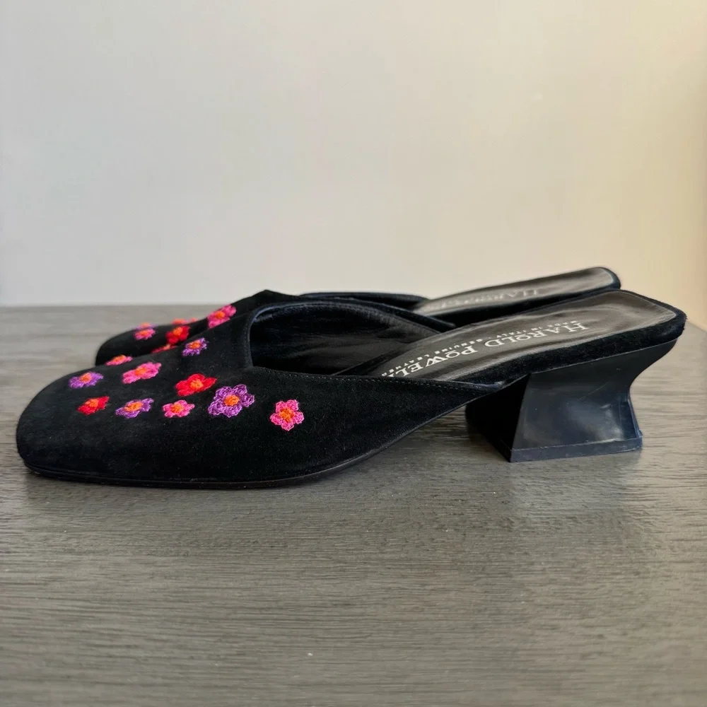 Vintage Embroidered Kitten Heels Mules Harold Powell Leather Suede Block Heels